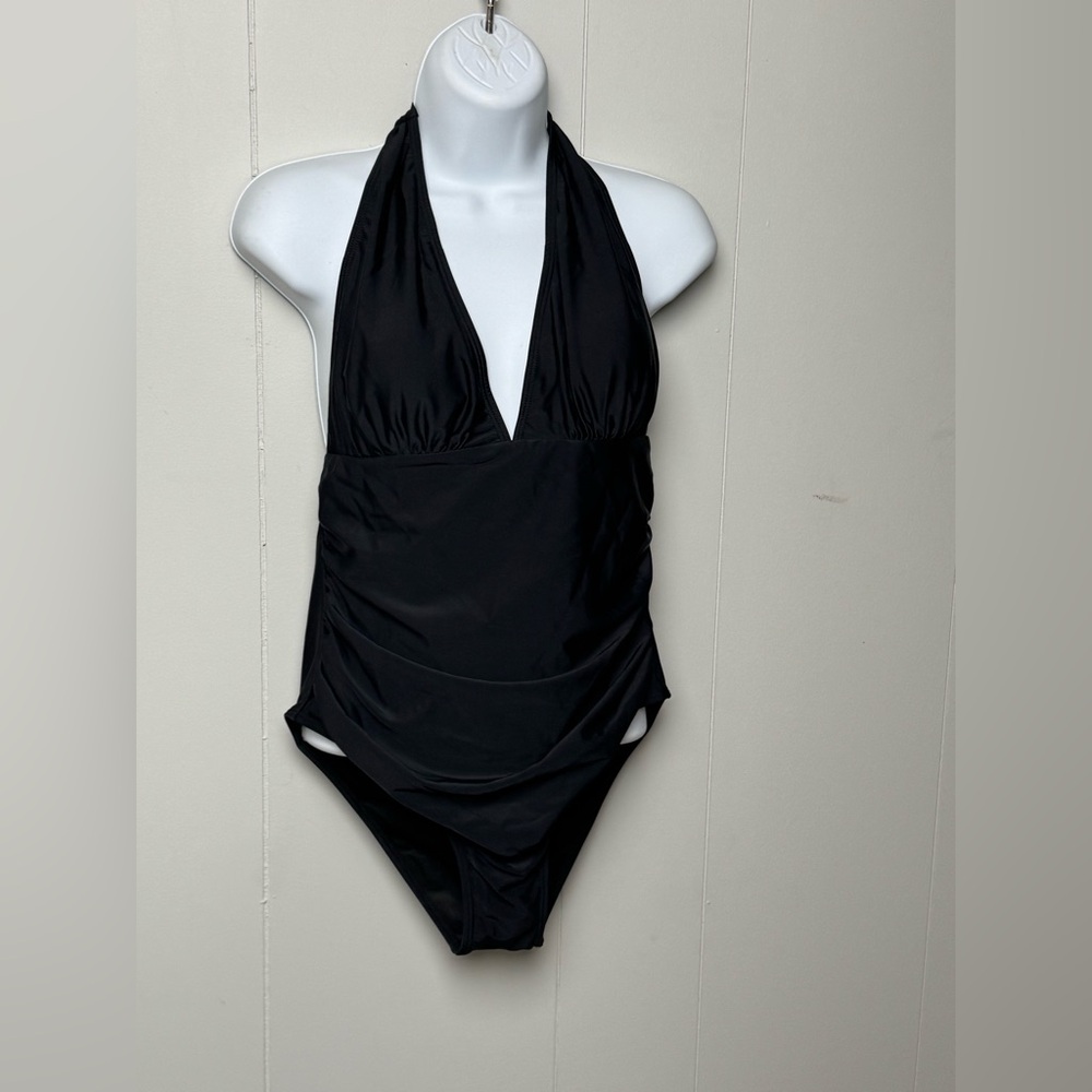 NWOT Black Halter One-Piece Deep Plunge Side Ruching Full Cover Swimsuit Size L